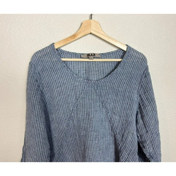 FLAX Women's Tunic Top Size Large Linen Blue White Lagenlook Boho 3/4 sleeves - Picture 10 of 11